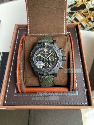 Breitling Avenger Hurricane Chronograph Black Dial Green Nylon Bracelet 45mm Watch